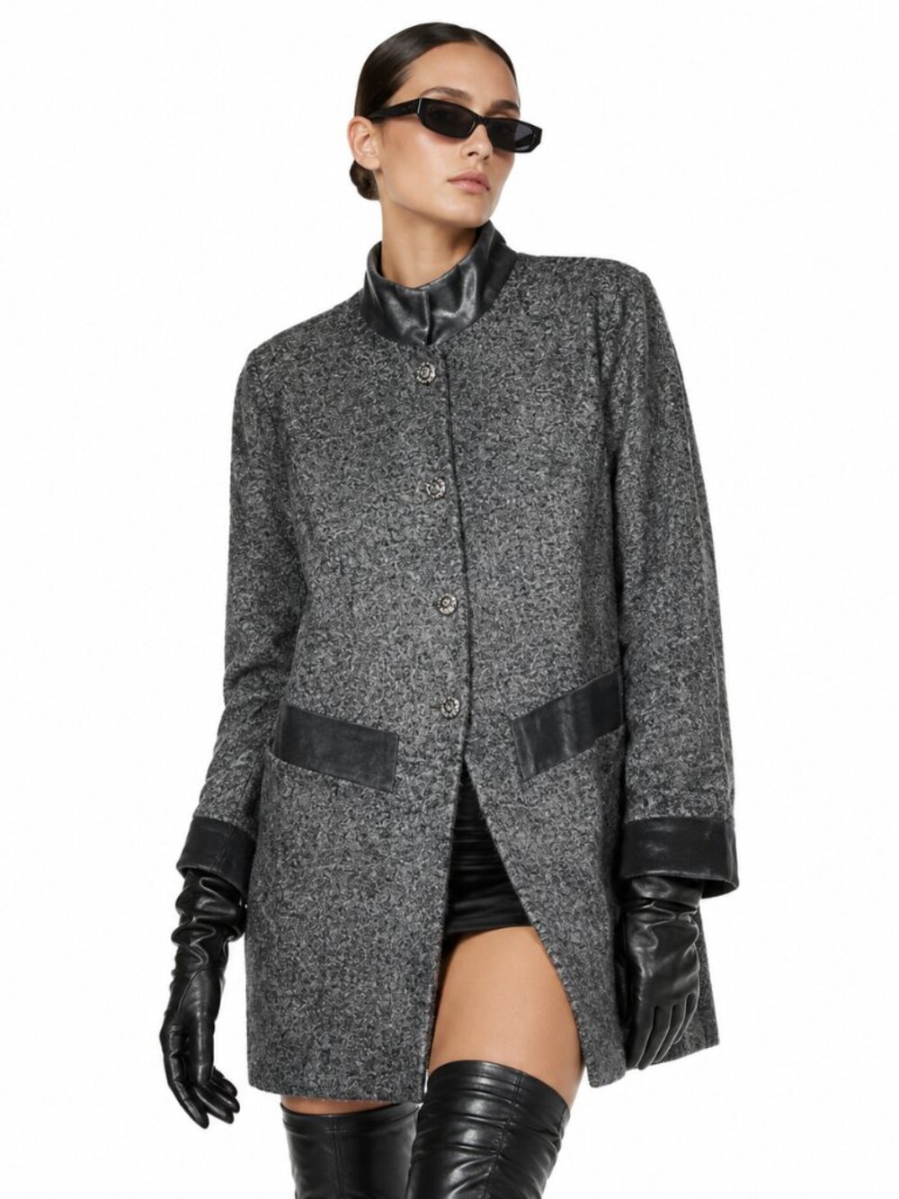 Coldwater Creek Brocade Coat Womens 8 Gray Velvet Trim Mandarin Collar Long